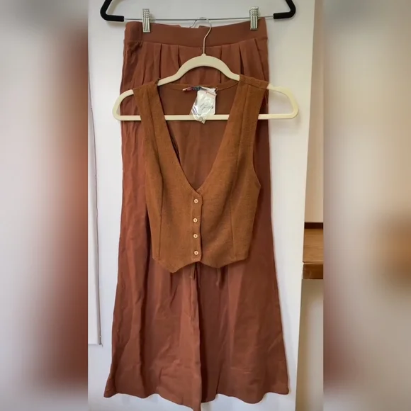 NWT Free People Roxanne Set Matching Crop Vest Top Wide Leg Pants Brown - Picture 3 of 8